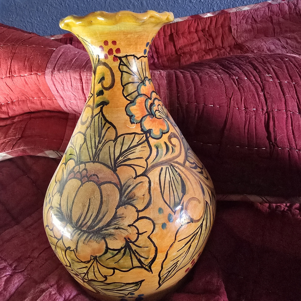 Handcrafted Floral Yellow Vase, TALAVERA, made In Mexico. 10 Inches Tall